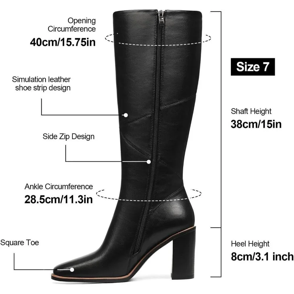Women’s Polyurethane Black Waterproof Square Toe Chunky Block Heel Leather Boot